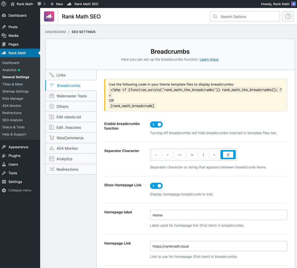Customiser les options sur Rankmath