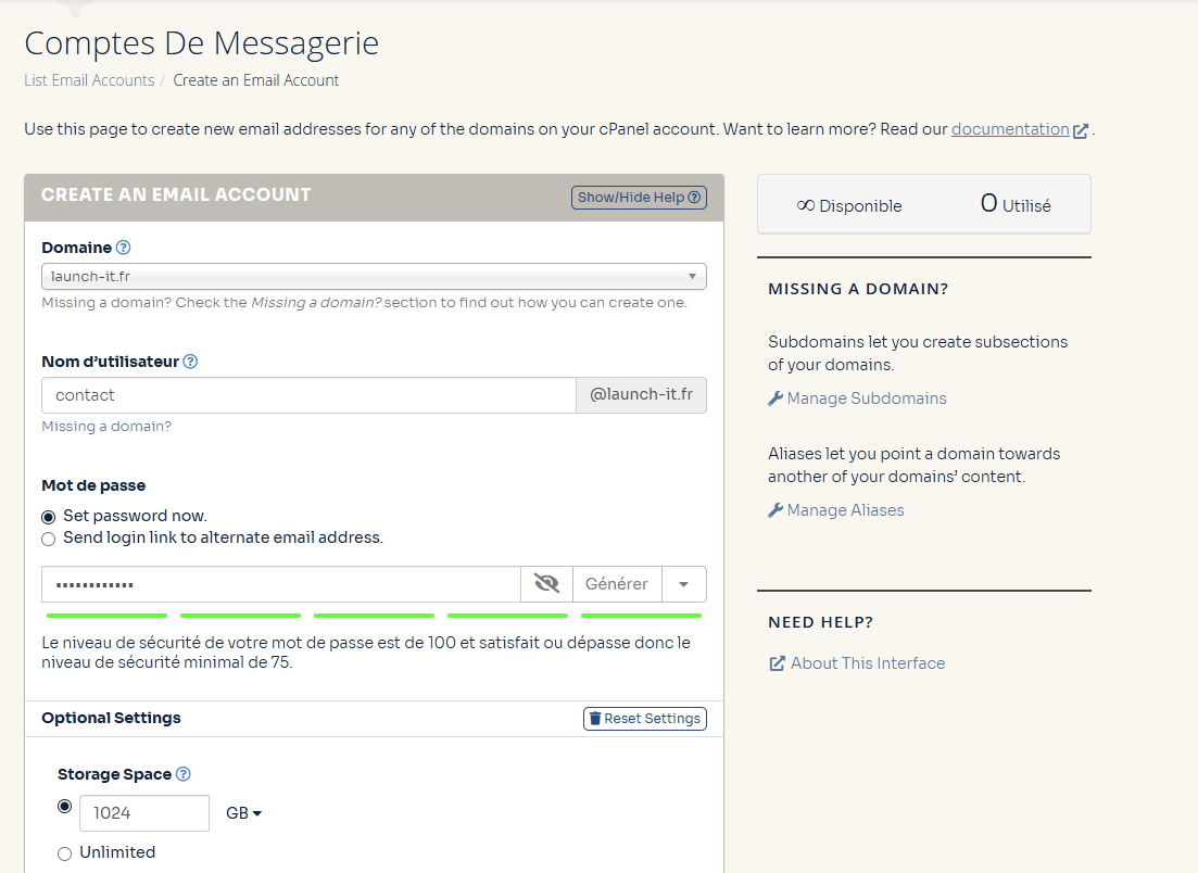 Configuration d'email via cPanel