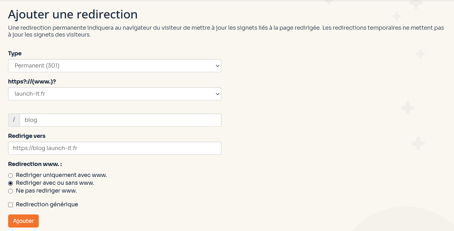 Configuration des redirections