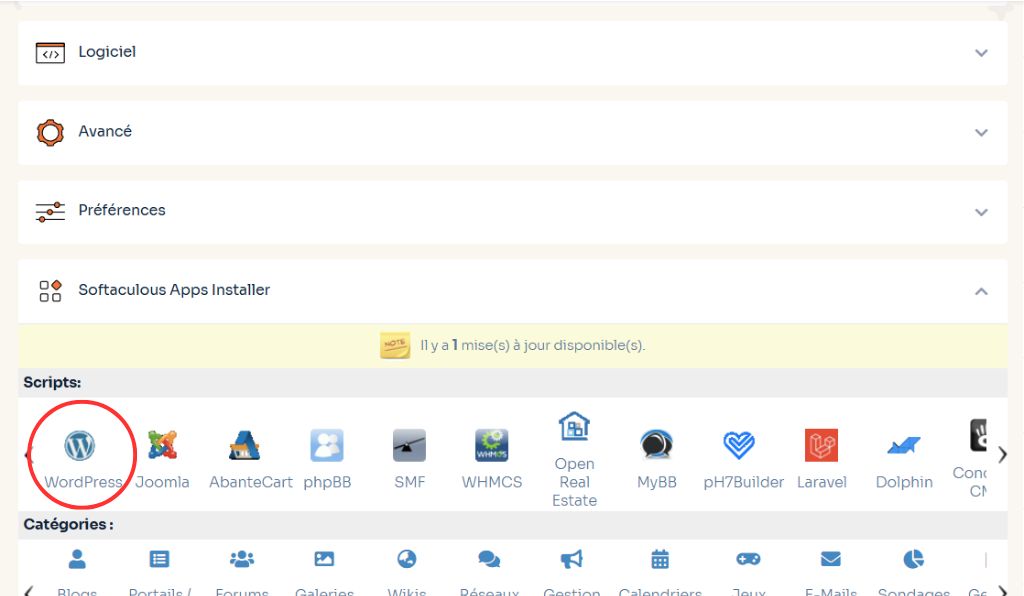 Interface pour installation de WordPress facile