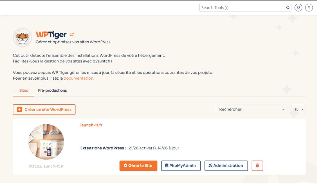 Interface Wp Tiger du cPanel de O2 Switch