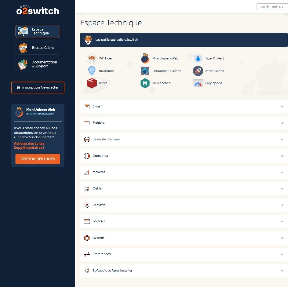 Tableau de bord Cpanel O2 Switch